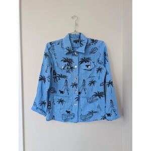 Vintage Blue Novelty Print Linen Shirt Artsy Tourist Beach Women's S